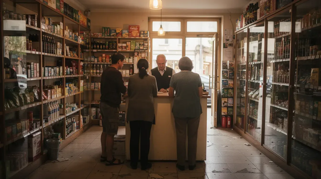 Una persona atiende a clientes en el mostrador de un pequeño comercio