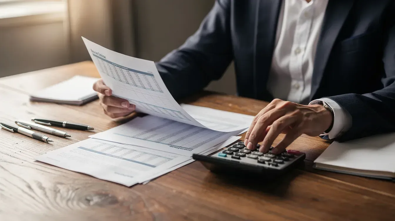 Una persona revisa documentos financieros con una calculadora sobre una mesa de madera