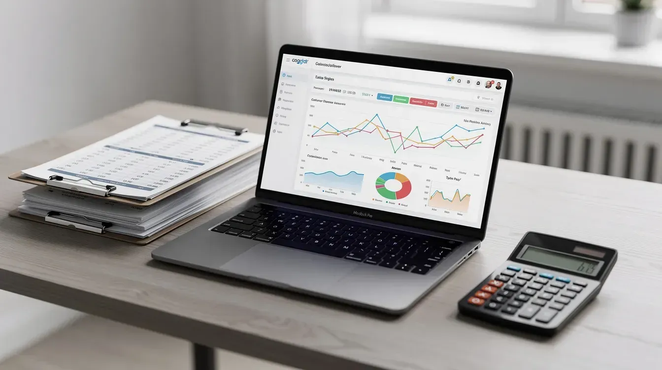 Portátil con gráficos financieros, calculadora y documentos sobre un escritorio